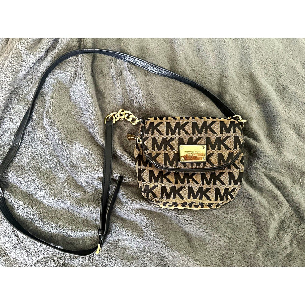 Michael Kors MK Logo Monogram Small Crossbody Bag Brown Black Zip Gold HW